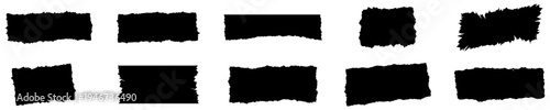 Set of black rectangular patches with ragged edges. These are torn pieces of paper or rough paint strokes of various sizes and shapes on a white background. Vector illustration.