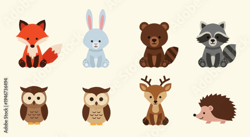 Cute Woodland Animals Collection Cartoon Style.