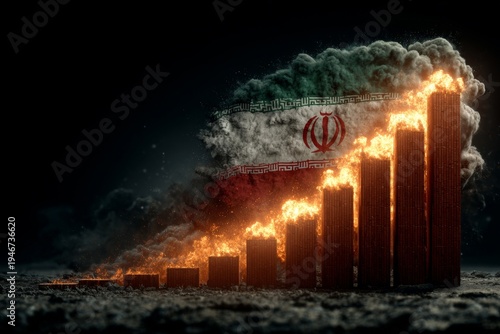 Flags of conflict: a symbol caught in the storm of war. Business development. Fierce battlegrounds: iranian flag with expansive explosions and dense smoke. Financial planning.