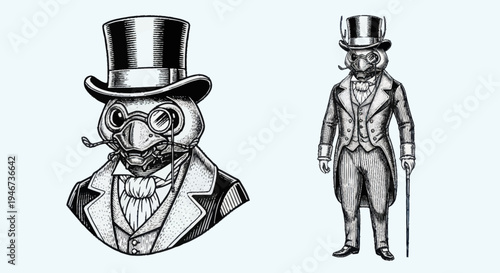 Anthropomorphic Bird Character in Victorian Attire.