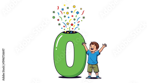 Cartoon Boy Celebrating with Confetti and Number Zero.