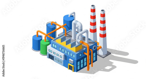 Industrial Factory Building with Smokestacks and Tanks.