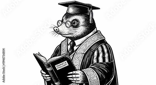Professor Mole Wearing Academic Robes Reading a Book.