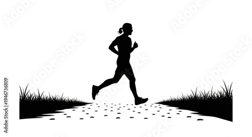 Silhouette of a woman running on a path outdoors.
