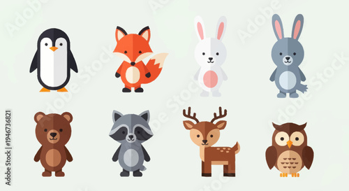 Collection of Cute Cartoon Forest Animals and Penguin.