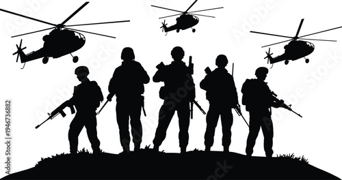 Military soldiers silhouettes with rifles and helicopters army combat team vector illustration isolated on white background defense concept