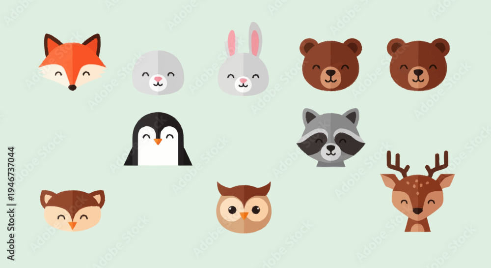 Fototapeta premium Collection of Cute Cartoon Animal Faces for Design.