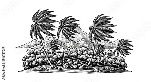 Tropical island landscape with palm trees and mountains.