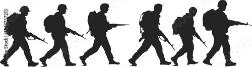 Soldier silhouettes walking with rifles and backpacks, military army patrol team vector illustration isolated on white background