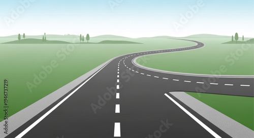 Curving asphalt road stretching into the distance with green fields.