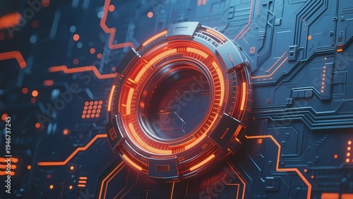 Futuristic circuit board with glowing orange circular interface and intricate electronic pathways