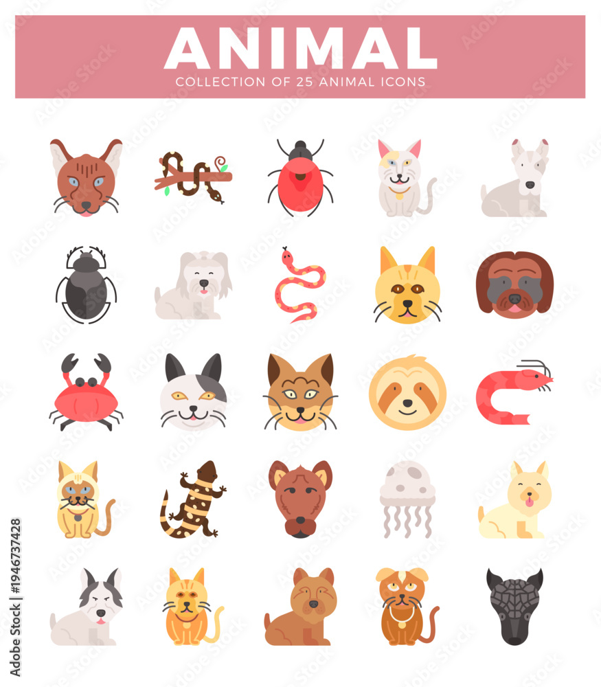 Fototapeta premium Flat vector animal icon collection on white background.