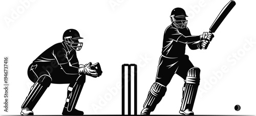 Cricket batsman silhouette, wicketkeeper action, sports illustration, dynamic shot, ball on ground, stumps, teamwork, competition, athletic skill, gameplay