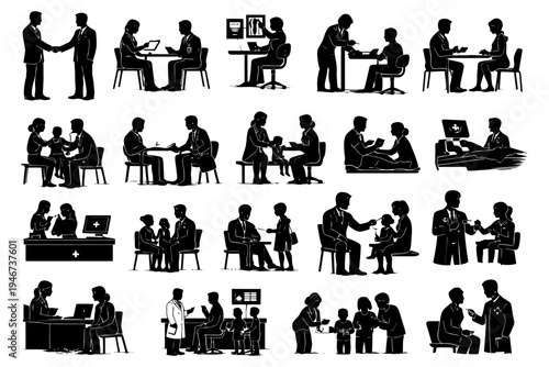 Silhouette medical consultation scenes with diverse healthcare professionals.