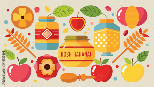 Rosh Hashanah vector illustration set with apples and honey