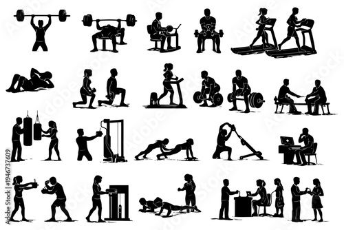 Silhouette workout routines: diverse exercise activities and fitness training.