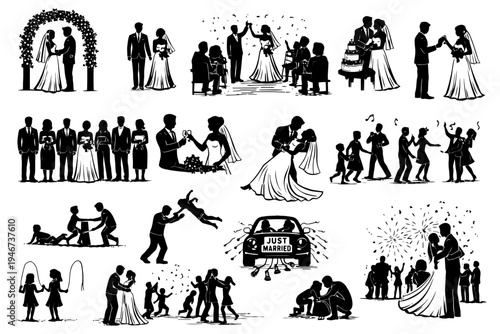 Silhouette wedding celebration scenes with couples and families.