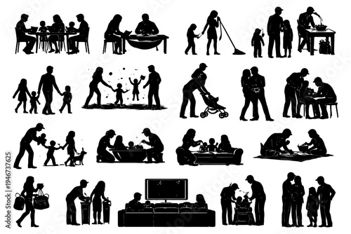 Silhouettes illustrating family activities and daily interactions.