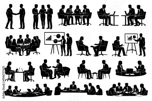 Silhouette business meeting scenarios with diverse teams in various office settings.
