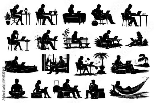 Silhouette collection of diverse people working and relaxing in various settings.
