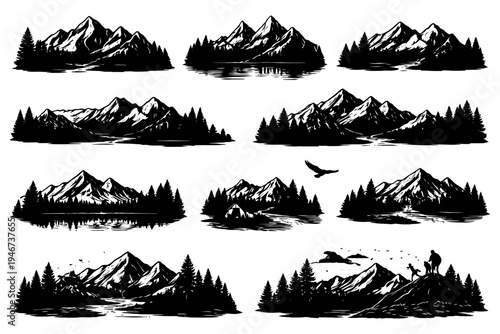 Scenic mountain silhouettes with forests and wildlife.