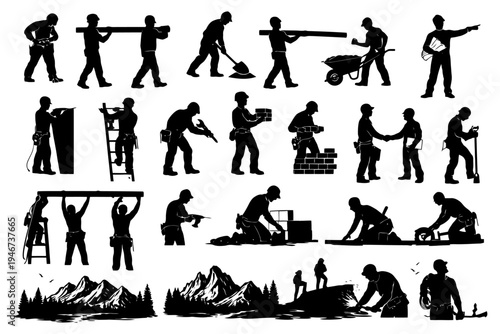 Silhouettes of diverse construction workers in various poses and activities.