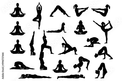 Silhouette yoga poses collection: diverse female practitioners in various exercises.