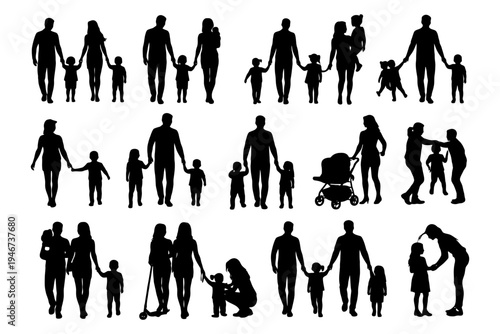 Silhouette family group illustrations: diverse parent-child activities.