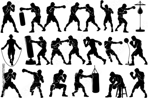 Silhouette of male boxers training with punching bags.