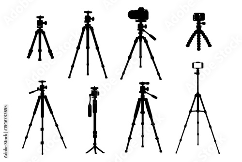 Silhouette collection of camera tripods and equipment.