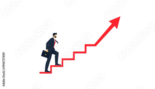 A businessman in a suit climbs up a red staircase with an arrow pointing upwards, symbolizing career growth and success.