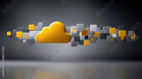 Yellow cloud with squares abstract representation of a yellow cloud surrounded by geometric square shapes