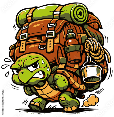 A humorous turtle character carrying an enormous backpack creates a relatable visual about slow but steady journeys.
