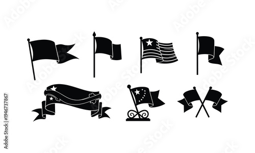 Collection of vector silhouette illustrations of various flags banners and pennants flying on poles