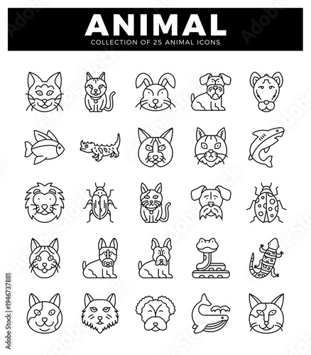 animal icons including cats. dogs. and fish. presented in a grid layout on a white background. creating a graphic design element.