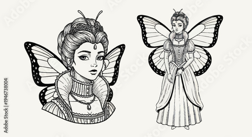 Elegant Butterfly Queen and Princess Illustration.