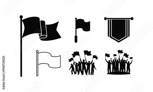 Flags vector illustration, people with flags silhouette, flag pole line art design elements