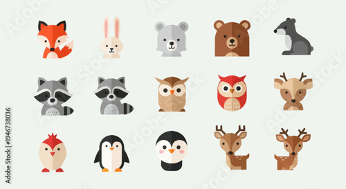 Collection of Cute Cartoon Forest Animals and Birds.