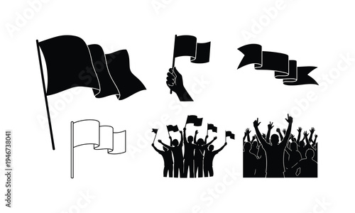 Group of protest flags silhouettes vector illustration collection with banners and activists