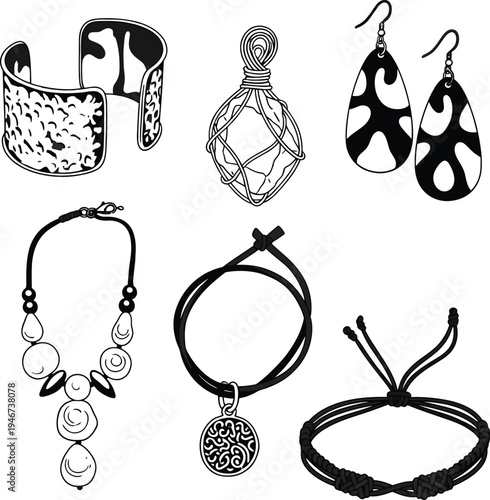 Silhouette of various jewelry pieces on white background silhouette