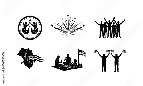 Independence day celebration silhouettes vector illustration with fireworks and family picnic