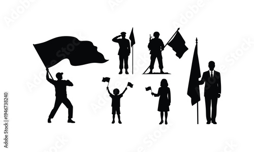 Patriotic people and soldiers with flags silhouette vector illustration festive celebration