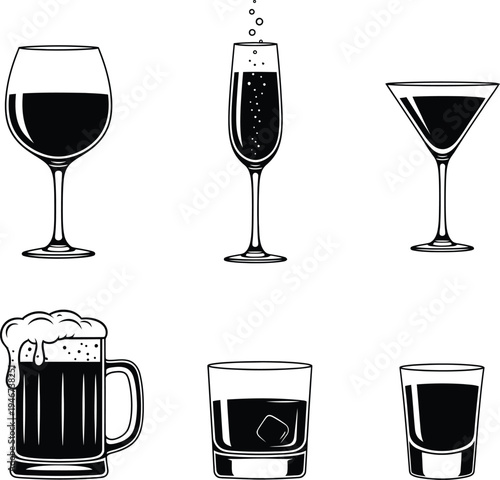 Silhouette of various glasses and mugs for drinks