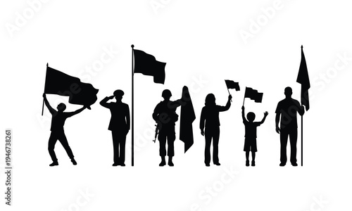 Patriotic silhouettes of soldier and civilians with flags vector illustration for national