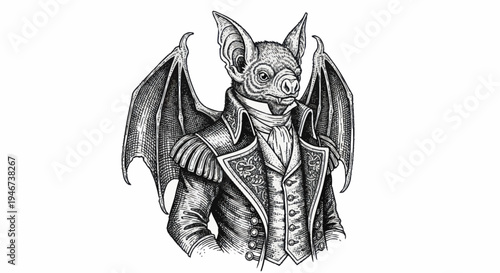 Detailed Sketch of a Victorian Bat Gentleman in Formal Attire.