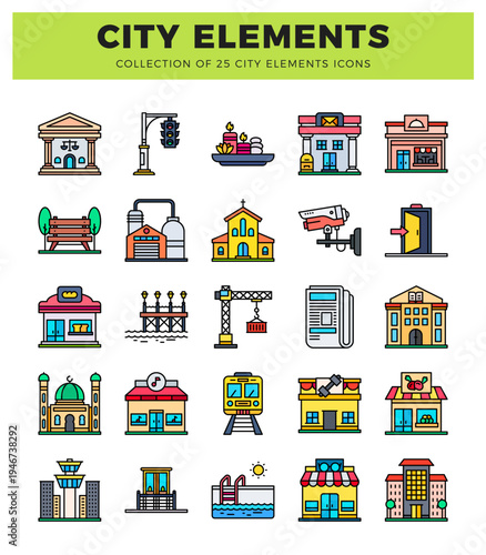 Colorful flat icons representing city elements and buildings in a clean white background grid