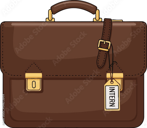 Brown Leather Briefcase Illustration with Intern Tag - Business Internship Concept Vector
