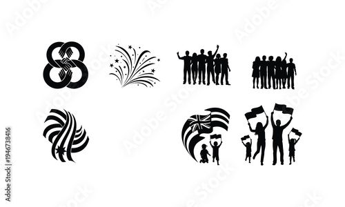 Unity and patriotism concept with flag waving people vector illustration silhouette line art