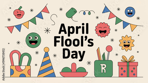 Colorful april fools' day flat illustration with party decorations and gifts