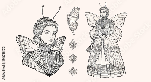 Vintage Butterfly Woman Illustration Set.